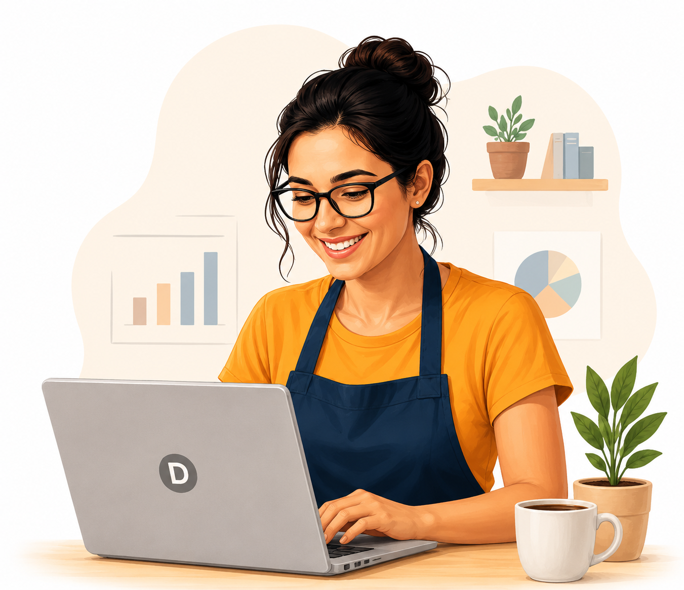 Empreendedora sorrindo enquanto trabalha em seu notebook